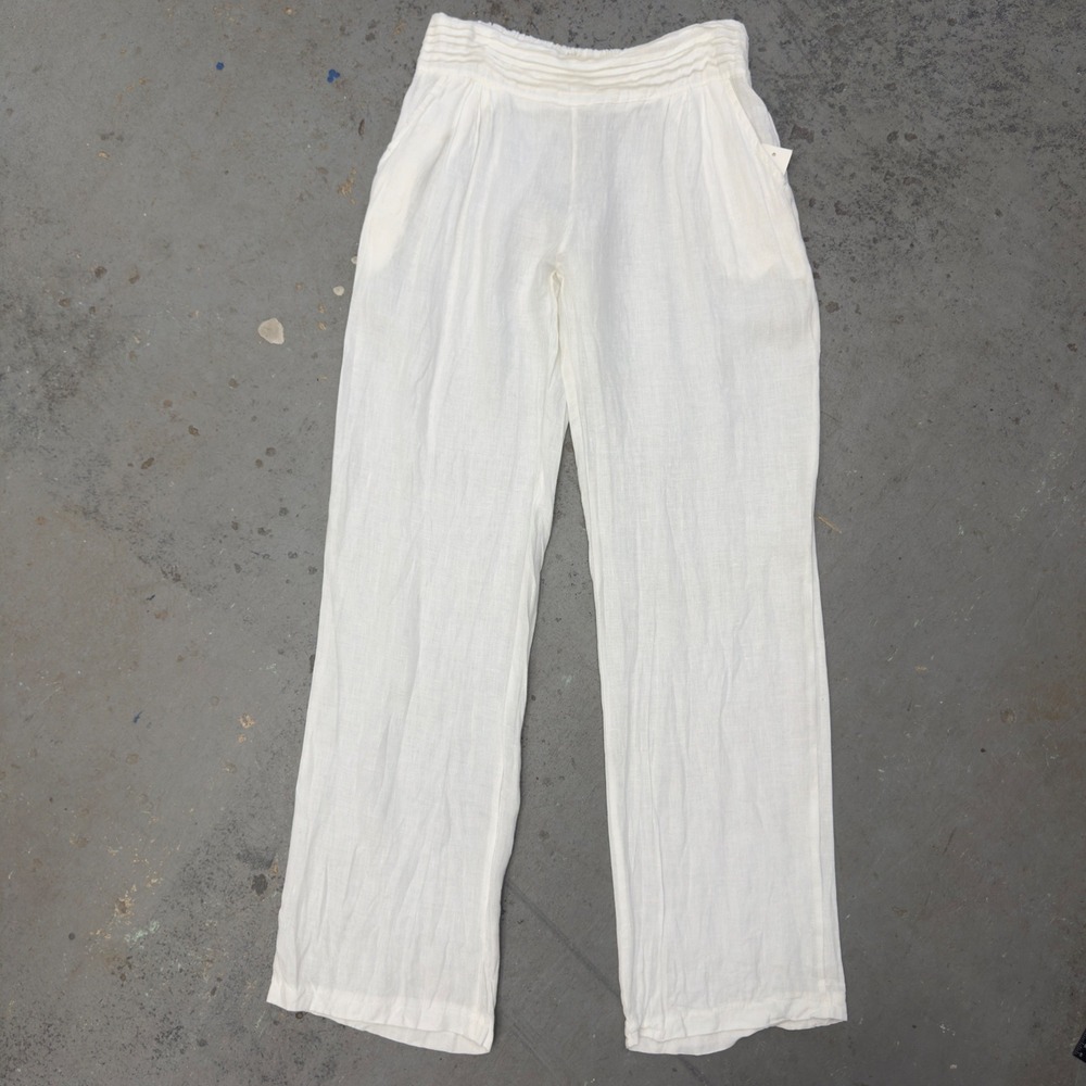 Puro Lino White 100% Linen Wide Leg Pants Made in Italy Size L Elastic Waist
